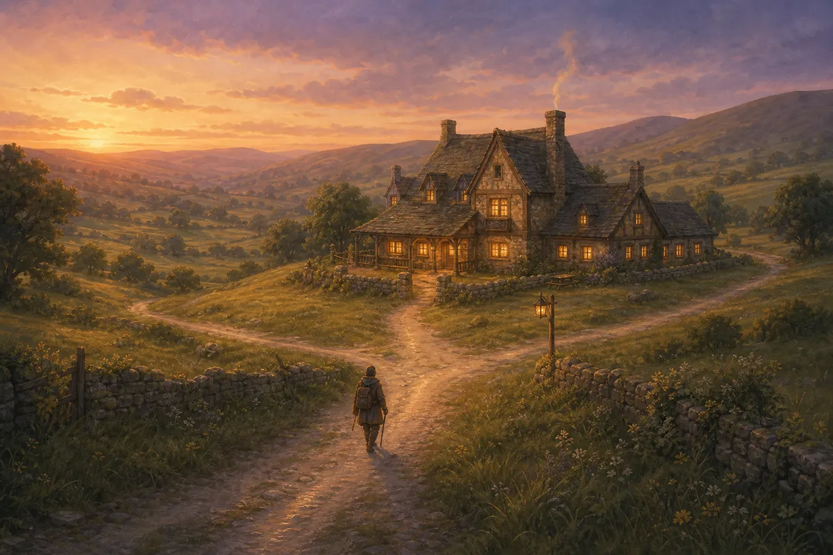 A grey stone inn at a three-road crossroads in a green valley at dusk, warm golden light in the windows, smoke curling from the chimney, one small traveler approaching on a worn path.