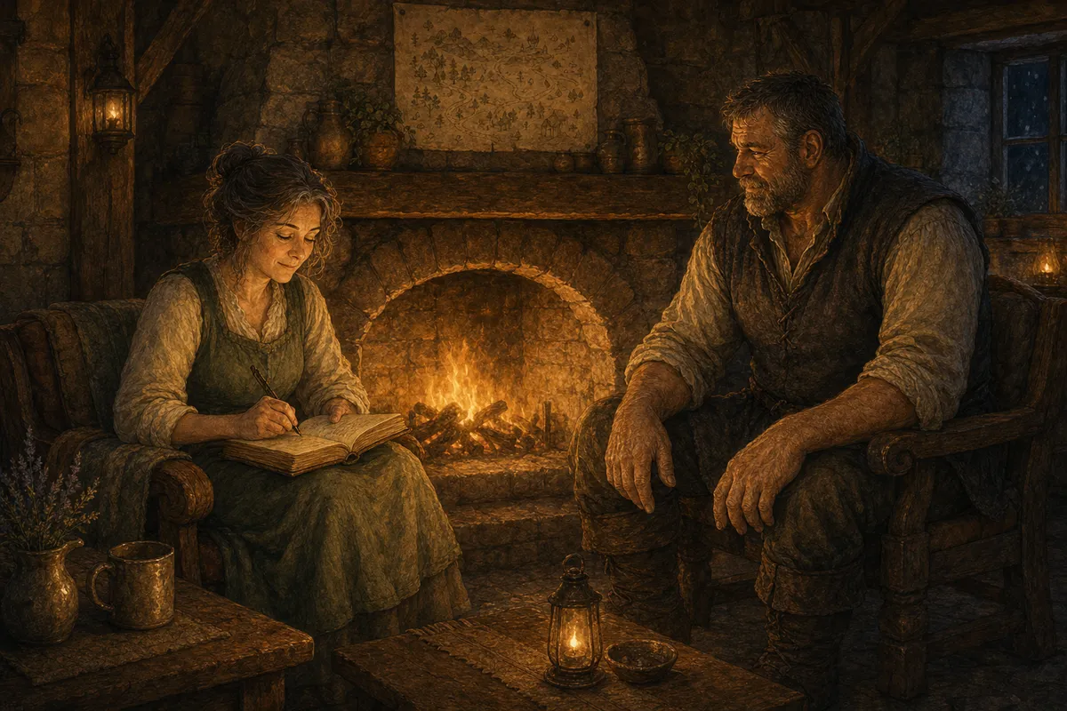 The inn's hearth at night; Marrow writing in the soft-cornered ledger while Coll sits across the fire, finally at ease, hands open and empty, the mapmaker's pinned sketch just visible on the wall behind.