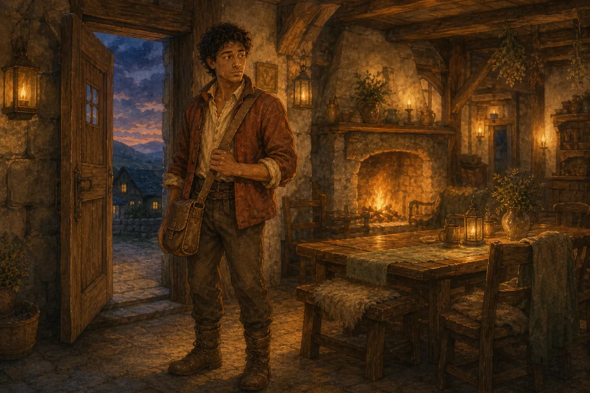 A cheerful young letter-carrier arriving at a warm inn's hearth, unusually quiet and still, a worn leather satchel slung across his chest, firelight catching a subdued thoughtful expression, warm inn common room in the background.