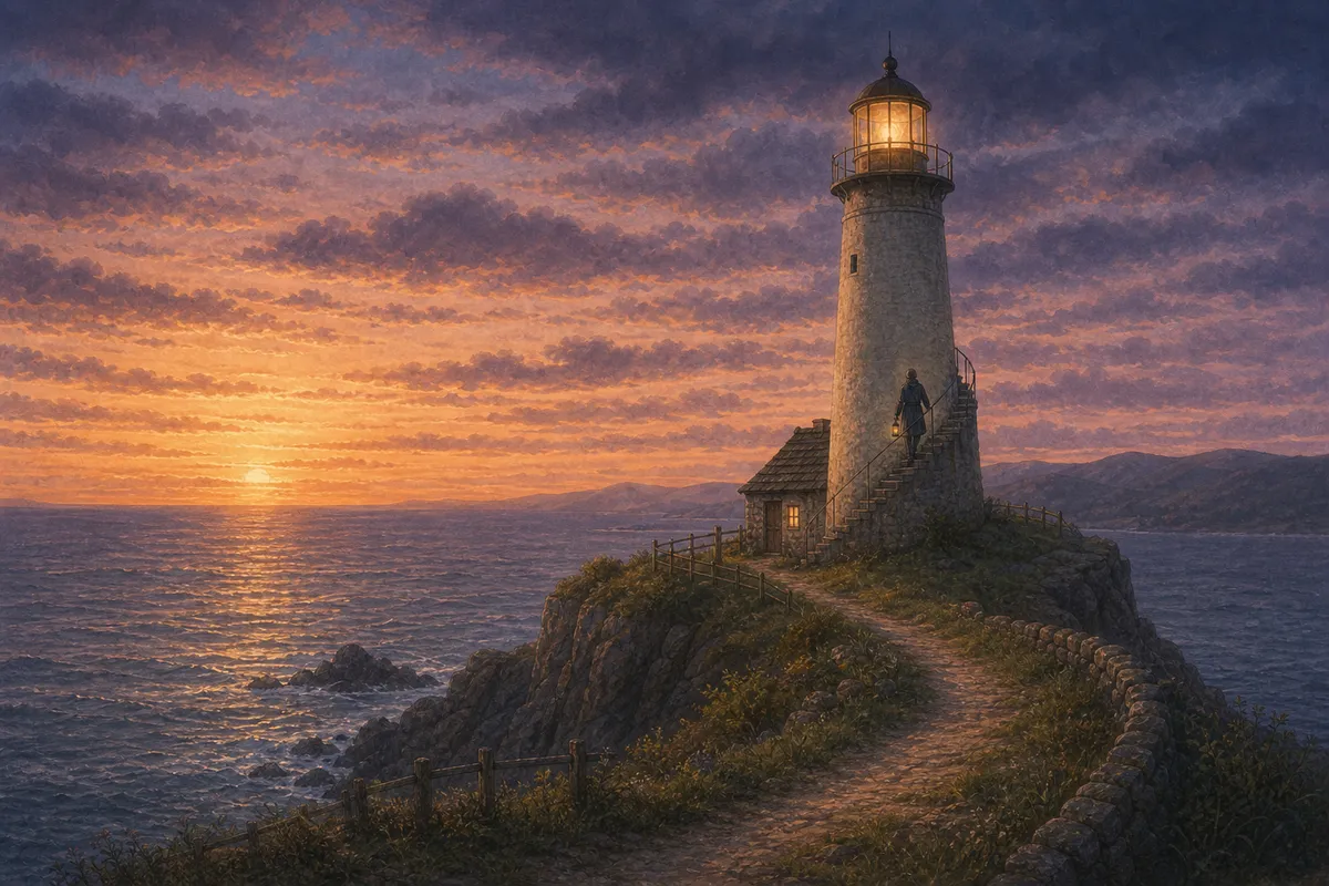 A tall coastal lighthouse standing pale against a bruised dusk sky, a cliffside path leading up to it, a small distant figure of the keeper climbing the tower stairs with a lamp-oil can, waves below.