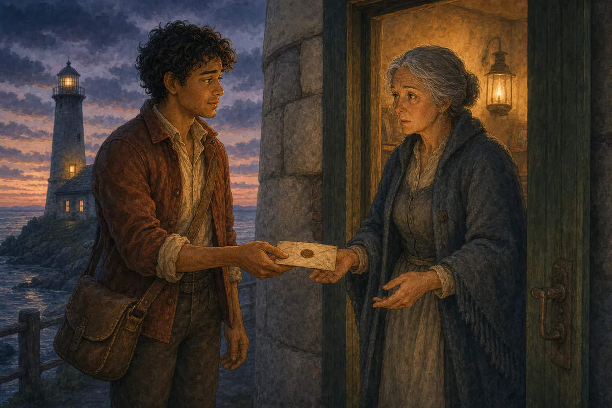 At a lighthouse doorway in fading dusk light, a young letter-carrier holding out an old letter sealed with worn wax to a lighthouse keeper, her expression shifting into quiet recognition, warm lamp glow from the doorway against the cool dusk outside.