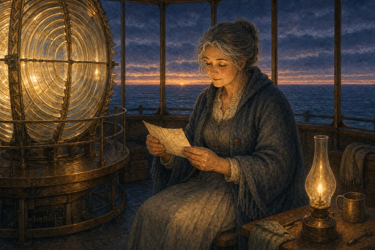 Inside a lighthouse lamp-room, a lone keeper sitting quietly and reading an old letter by warm lamplight, the great lighthouse lens glowing softly beside her, the dark sea and sky visible through the glass beyond, peaceful and contemplative.