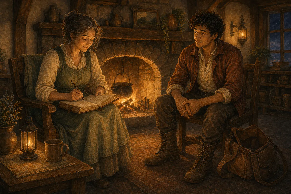 Warm inn common room at night, a kind innkeeper woman writing in a thick soft-cornered ledger by firelight while a young letter-carrier sits at ease across the hearth, his empty satchel resting beside him, intimate restful atmosphere.