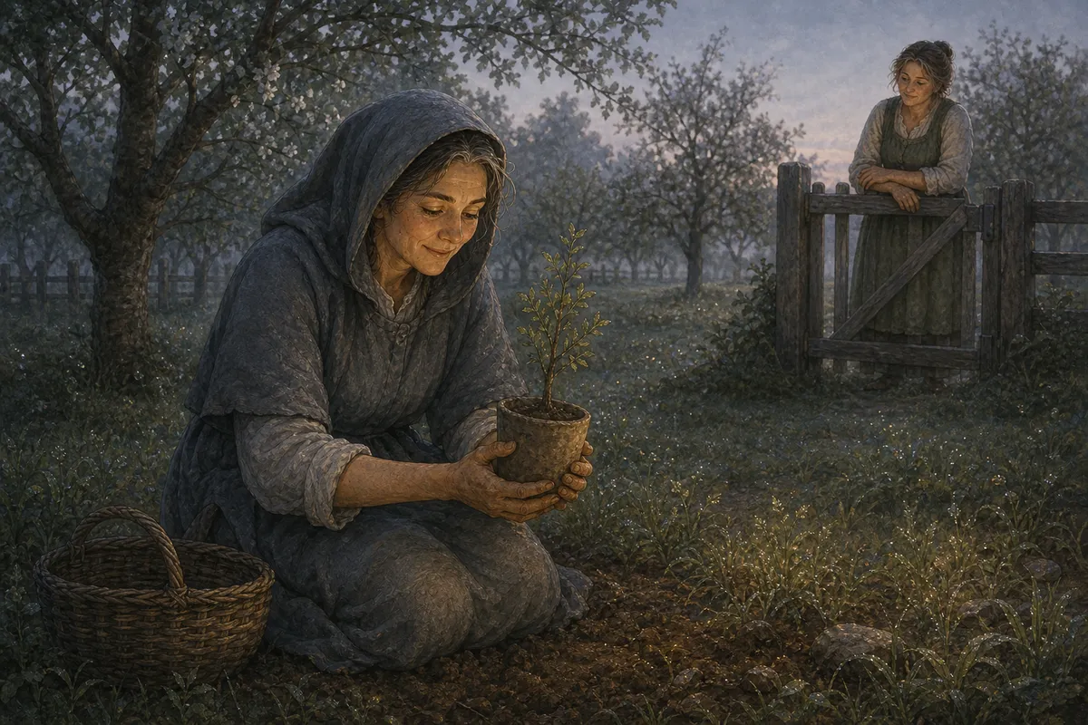 Pre-dawn orchard, soft grey-blue light. Marrow stands at a wooden gate watching Sister Quill kneel among the trees, holding a small clay pot with a sapling instead of her usual gathering basket.