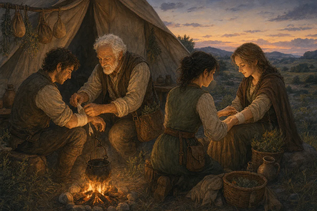 A wayside camp in open country during the last of the loud years. A young woman and an elderly healer tend to travelers' wounds together by a small fire — a scene of care, not combat.