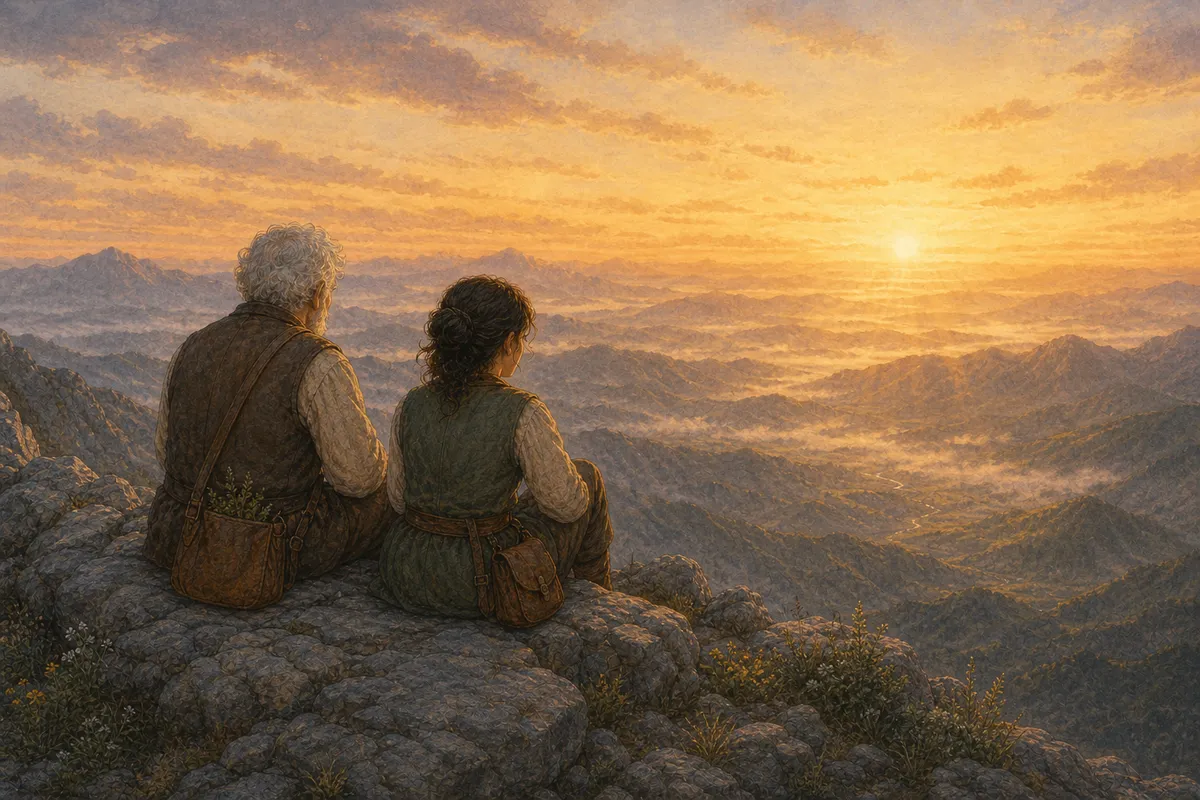 The summit of Summit Sunrise at first light. Two figures, seen from behind, sit close together against a stone outcrop watching dawn break over the world below.