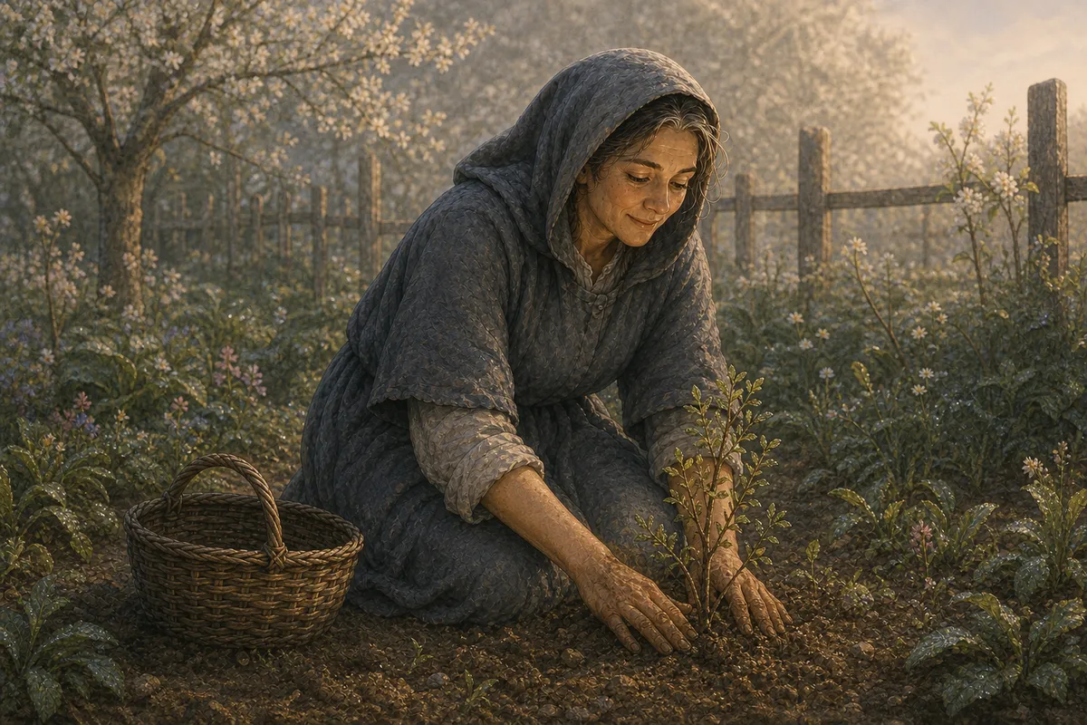 Sister Quill alone, kneeling in a garden bed, hands in the soil, planting quietly. A gentle present-tense scene, understated rather than sorrowful.