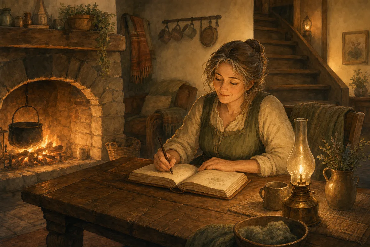 Interior of a warm inn common room: a generous hearth, a long scarred wooden table, an innkeeper woman with kind tired eyes writing in a thick soft-cornered book by firelight.