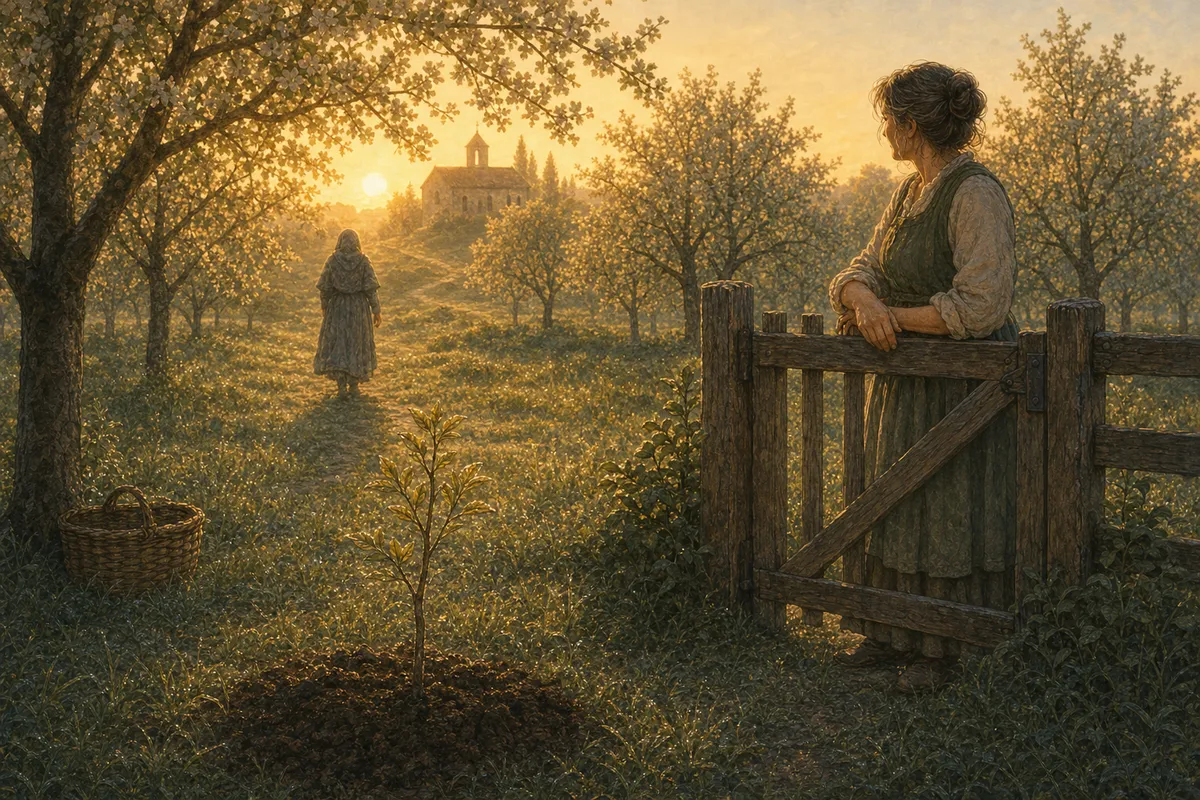 Full dawn over the orchard, the newly planted sapling in the foreground, Marrow watching Sister Quill walk away up the path toward the cloister road.