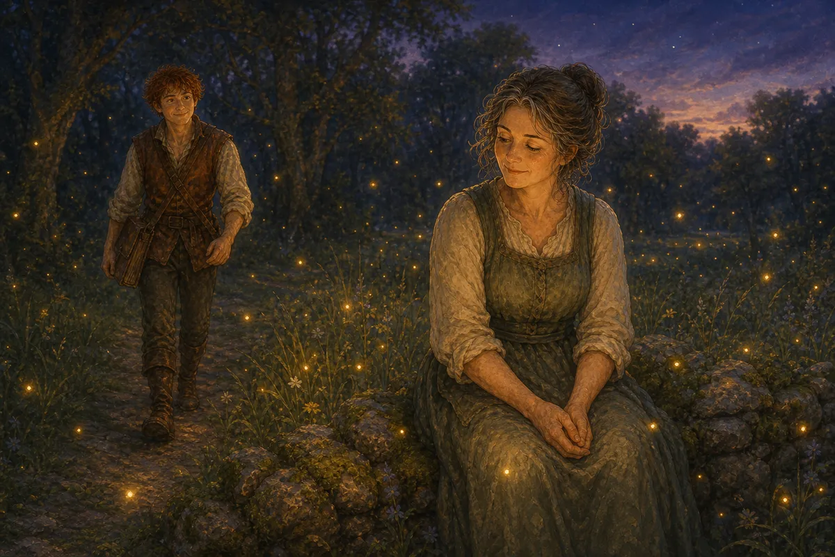 Dusk at Firefly Grove near the inn, fireflies rising thick from the grass. Marrow Wren sits alone and still on a low stone wall at the wood's edge; Pip Lark approaches on the path behind her, pack over one shoulder.