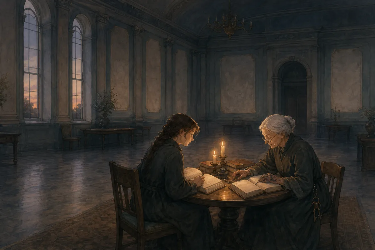 Flashback: a grand but half-emptied palace hall in the fading western kingdom. A young Marrow sits beside an elderly woman archivist, both bent over open ledgers by candlelight, the hall around them quiet and thinning.