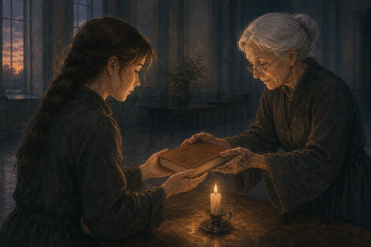 Flashback: the old archivist presses a blank ledger into young Marrow's hands by the last candlelight of the hall, a quiet handoff rather than a dramatic farewell.