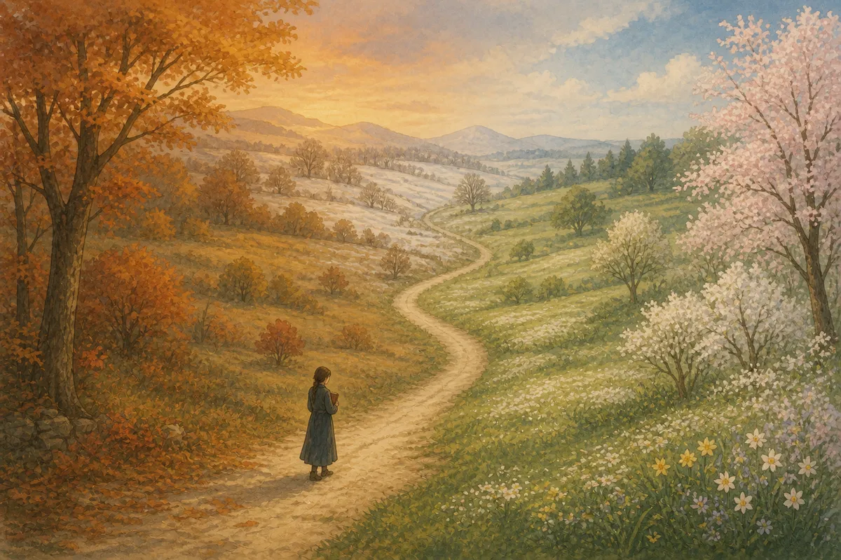 Flashback, compressed: a small distant figure of young Marrow walking alone along a long road across changing seasons, a blank ledger held against her chest.