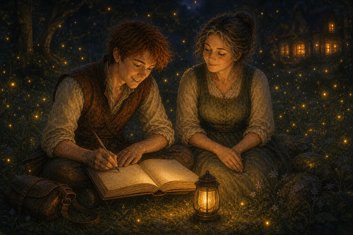 Frame close: full dusk at Firefly Grove, Marrow watching as Pip writes a line in her ledger for the first time, fireflies bright around them, the inn's lit windows visible in the distance.