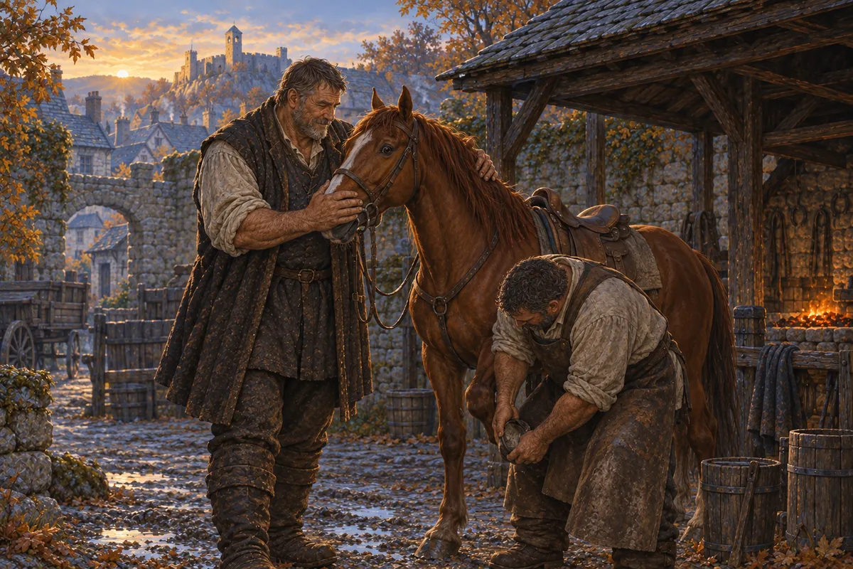 Coll steadying a nervous chestnut horse with one hand on her face and one on her neck while the farrier, a broad man of his own age, works at the hoof with his head down; above the rooftops the first sun touches a small castle on its crag as the bell rings the market awake.