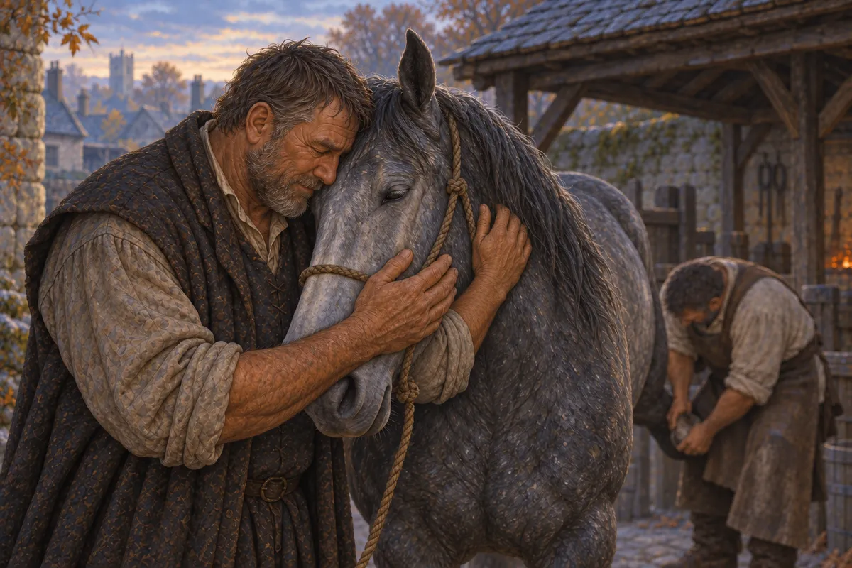 Close and quiet: Coll with his forehead pressed to the old grey mare's, his mouth at her ear, saying a name low; her eye half-closed; the farrier a blur at her hind foot behind them. Nothing glows.