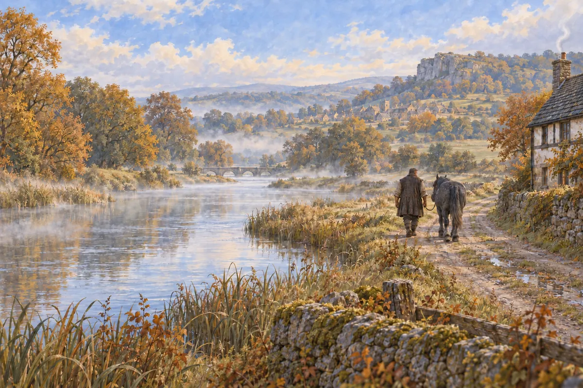 Homeward: Coll and the grey seen from behind on the river road in full morning, the town small behind them; ahead, the corner of the inn — grey stone below, pale limewashed wall and dark timber above, slate roof, no sign.
