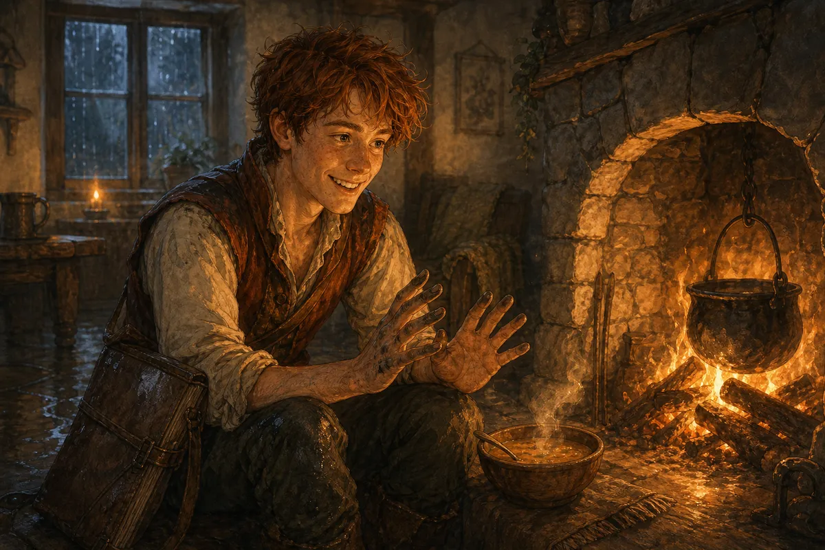 A young, rain-soaked traveler with ink-stained fingers sitting at the inn's hearth, a leather map case beside him, steam rising from a bowl of soup, grinning brightly.