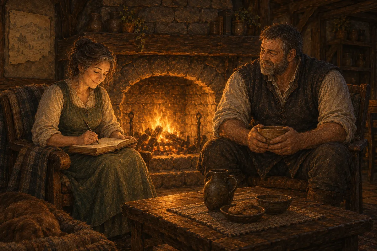 Frame close: the inn's hearth at night; Marrow writing in the soft-cornered ledger while Coll sits facing the fire with a bowl in both hands, no tools anywhere near him, the mapmaker's torn sketch pinned on the wall to one side.