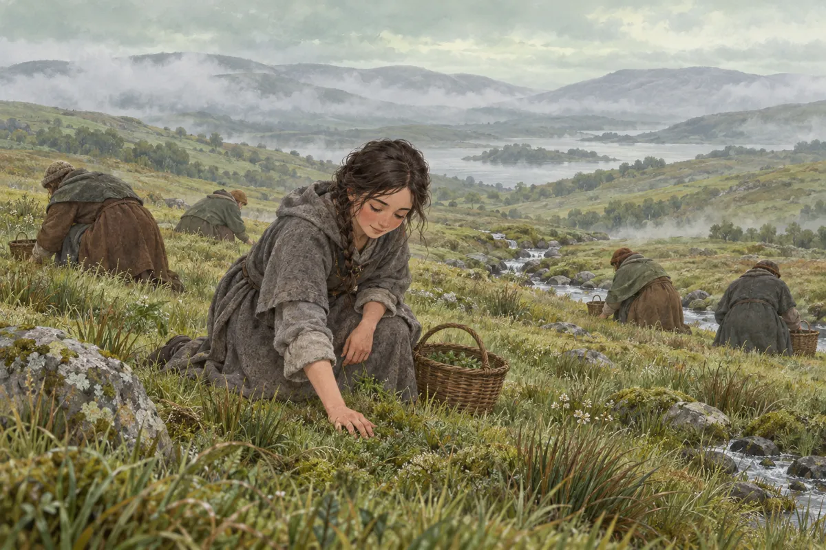 Common land above the burn at first light: several villagers crouched low over the turf in thin, pale-green morning light, backs to the weather, a young nun kneeling among them with an open basket; no faces raised, no one looking at another.
