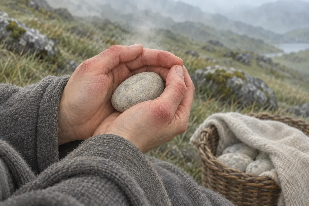 Close on cold hands cupped around a small pale stone, breath visible in the cold air, a basket of similar stones half-covered with cloth at the edge of frame; muted grey-green hillside behind, no faces shown.