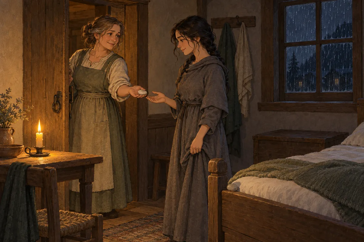 A small guest room by candlelight: a folded-back blanket at the foot of a narrow bed with a pale stone tucked beneath it, an innkeeper's hand holding out a second stone toward a young nun standing in the doorway; warm candle glow against a cold dark window.