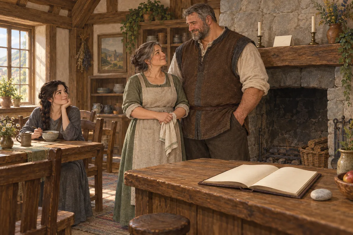 The inn's hearth room in full morning light: a ledger open on the counter with a warm-stone resting beside it, a folded letter propped between two candlesticks on the mantel above (address and seal turned away from view, no visible text), the innkeeper and the handyman at the hearth, the young nun seated at the table with breakfast, hair half out of its braid; warm, settled, ordinary morning.