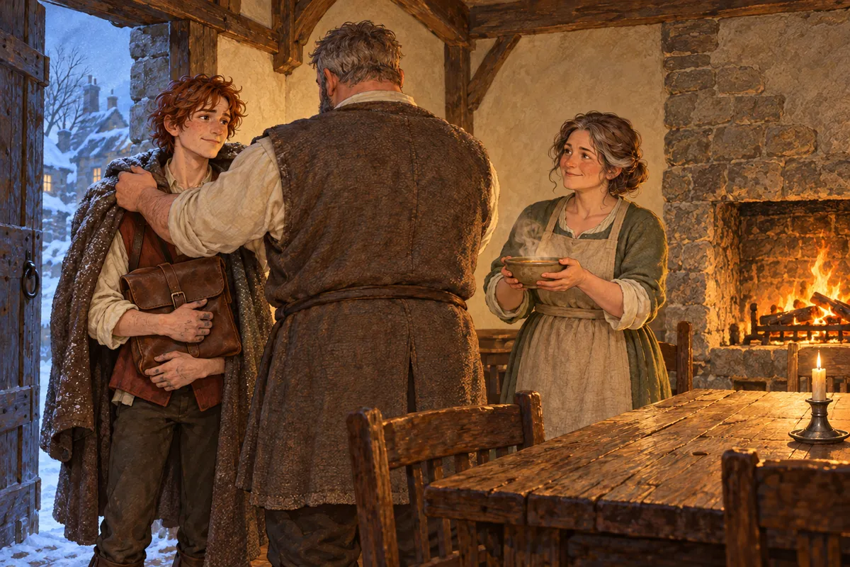 The inn's hearth room at winter dusk: a frost-shouldered young mapmaker just inside the door with a leather map-case held to his chest, the innkeeper turning toward him with a steaming bowl in both hands, a very large gentle man with his back to us lifting the frosted cloak from the young man's shoulders; one plain candle on the long table, cold blue dusk at the open door and warm amber within.