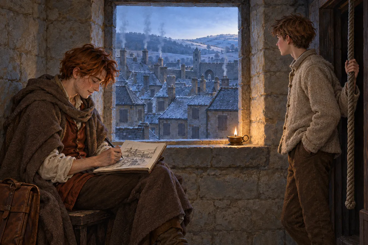 A small stone room under the bell-tower before sunrise: one window onto a frosted town of slate roofs and straight threads of chimney smoke, a low oil lamp on the sill, a young mapmaker seated at an angle with a sketchbook on his knee, and a tall thin boy in the dark doorway with one hand on the bell-rope.