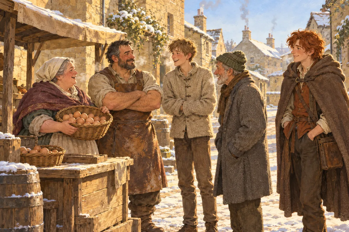 A honey-stone market lane in low morning sun: townsfolk laughing in the cold, white breath rising — an old woman with an egg-basket, a broad man in a scarred leather apron, a red-cheeked boy, a man in a knitted cap — while a young mapmaker with a leather case stands a little apart, listening; nobody points, nobody looks up at any house.