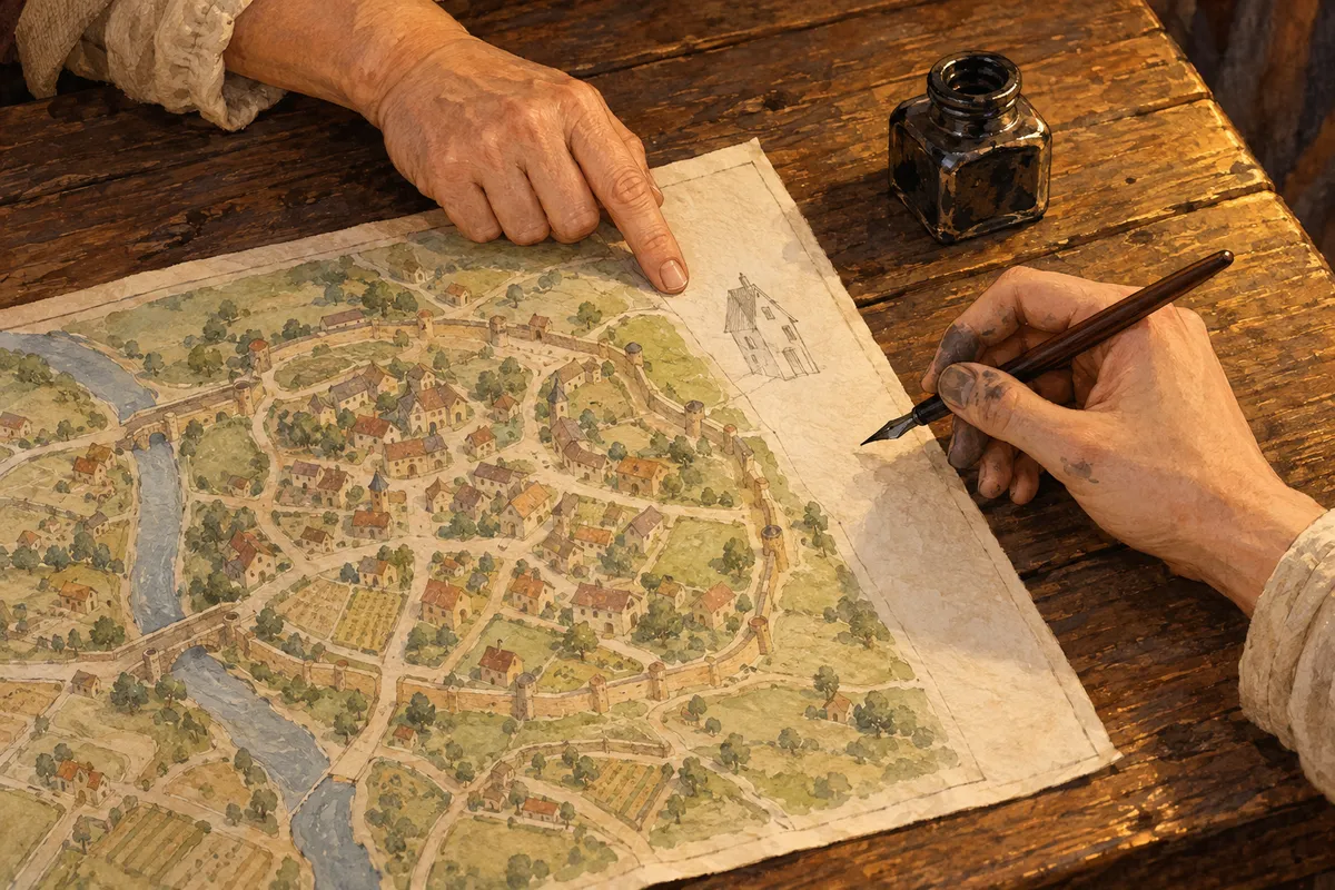 Seen from above on the inn's long table at night: a hand-drawn map of a small town with no readable writing, a narrow house drawn tiny beside a clean white margin, an older woman's fingertip resting gently on the blank, and across the table a young man's hand holding a pen, paused.