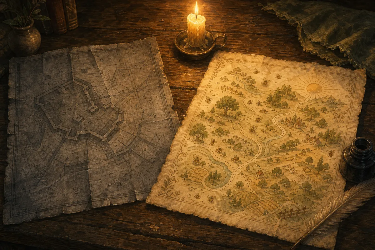 An old weathered military map and a new hand-drawn map side by side on a wooden table: the old one all hard lines and fortifications, the new one soft, full of little drawings of trees, bees, a bending road, morning light.