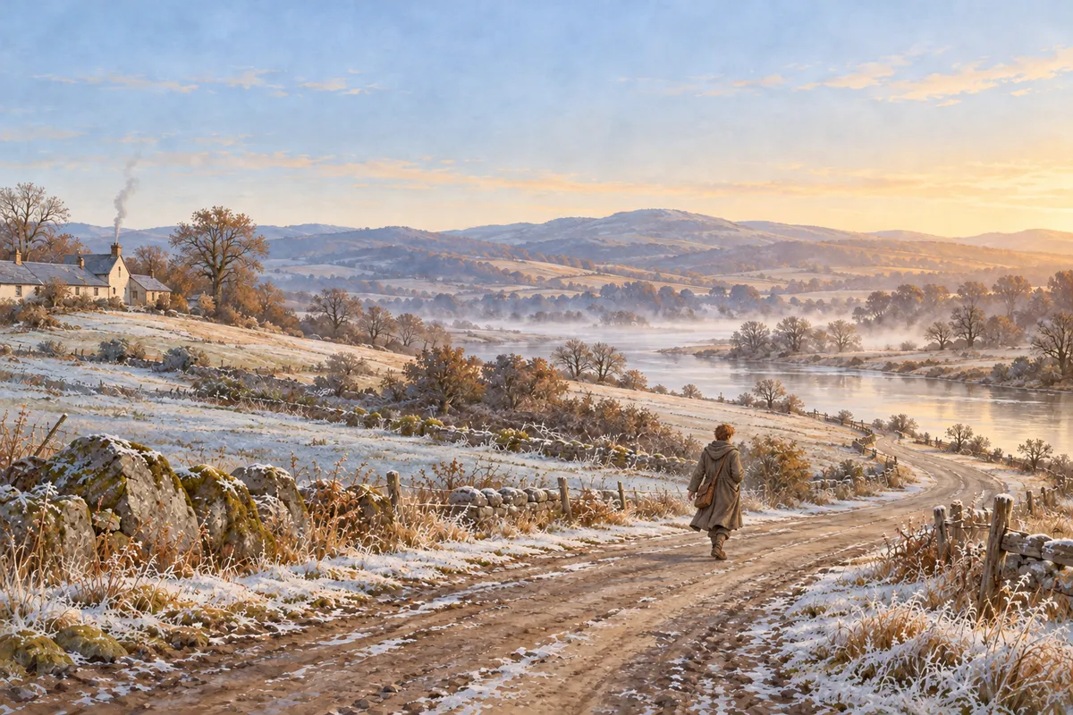 A frosted morning on the river road: a young mapmaker walking away from us in low side-light, one hand in his cloak pocket, the road curving off behind a low rise; far behind him the corner of a long low inn with a thin line of chimney smoke; no one else in sight.