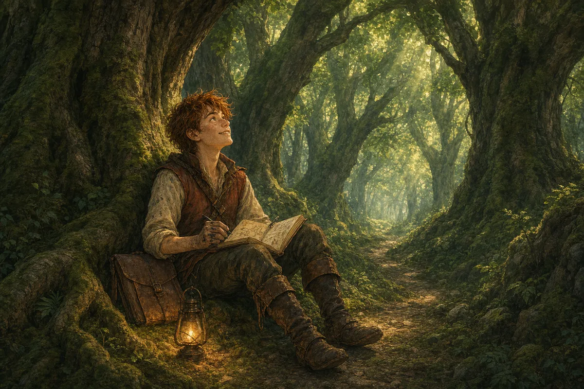 A lone young mapmaker sitting at the foot of enormous ancient trees that arch over a green, dappled forest path, sketchbook on his knees, small lantern beside him, leaning back to look up in quiet wonder.
