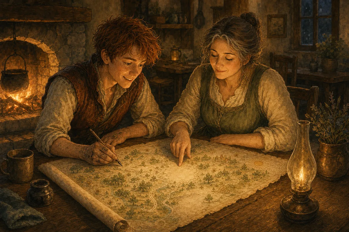 Across a long firelit table, a half-finished hand-drawn map unrolled between a young mapmaker and an innkeeper woman; she rests a fingertip gently on a blank spot near the center, both leaning in over it.
