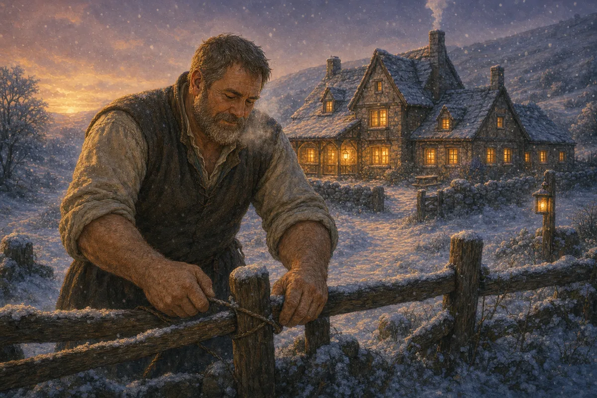 A very large, gentle man mending a wooden fence in the season's first snow at dusk, the inn's lit windows glowing warm behind him while everyone else is inside.