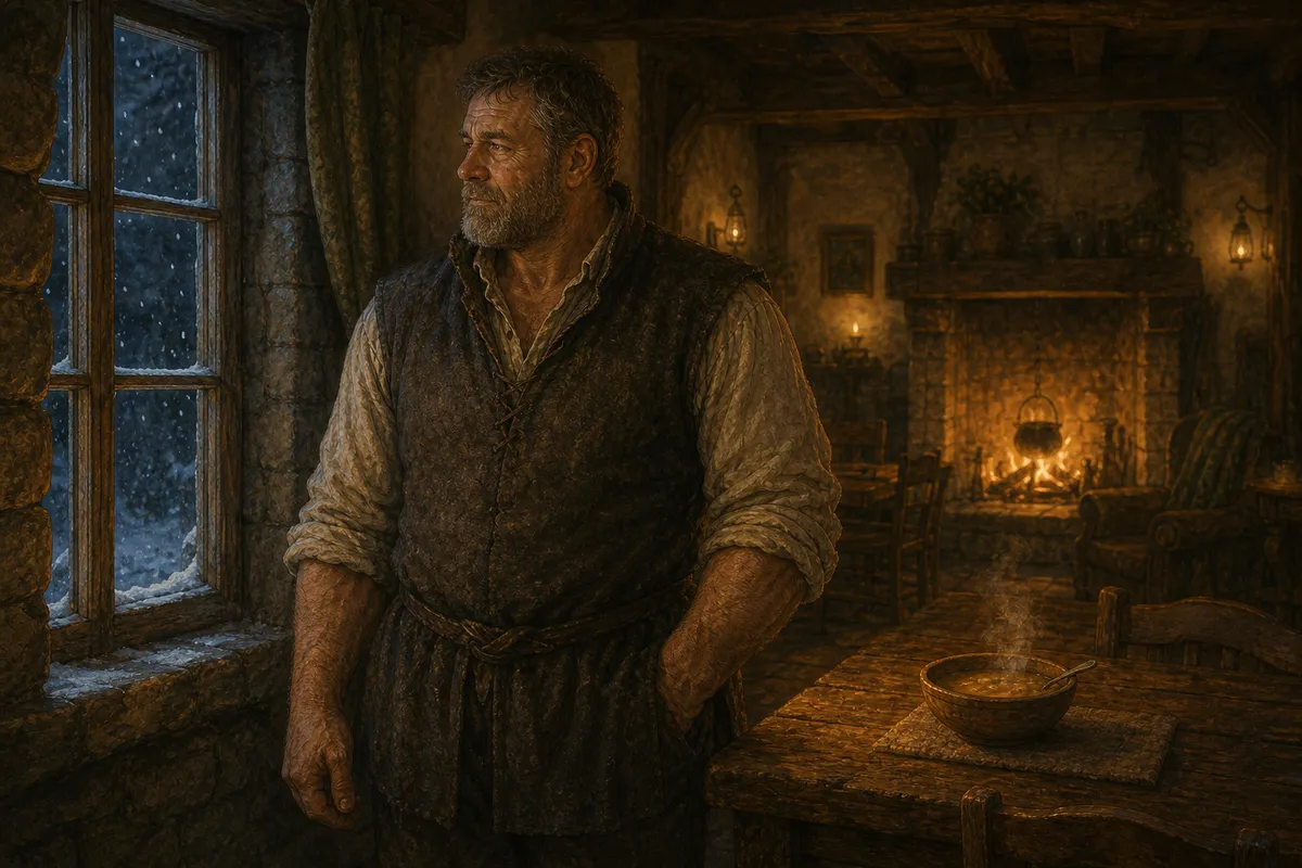 Interior: Coll stopped still by the firelit window, snow falling beyond the glass, an untouched bowl of soup, his face caught between the warm room and a cold memory.