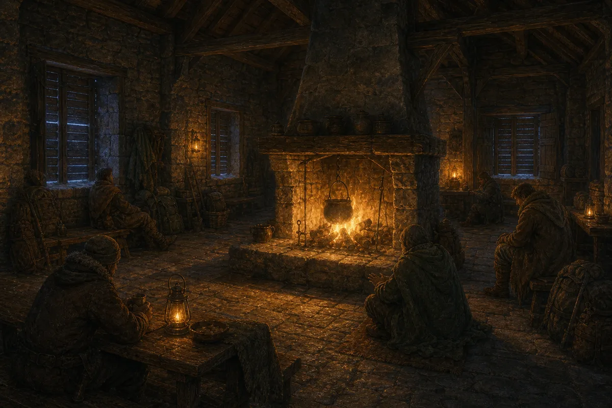 A snowed-in northern waystation: a single warm hearth in a stone hall, a few weary figures resting their weapons against the wall — quiet, not a battle, the storm held off outside the shutters.